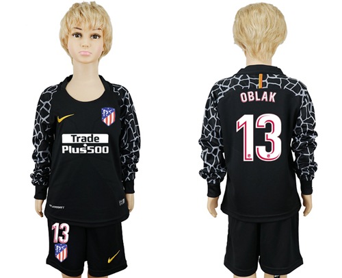 Atletico Madrid #13 Oblak Black Goalkeeper Long Sleeves Kid Soccer Club Jersey - Click Image to Close